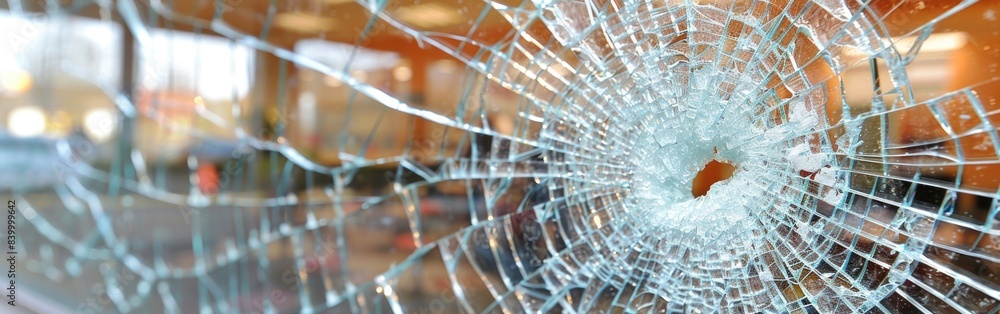 A close-up view of a shattered glass window in an office setting. The damage indicates vandalism A close-up view of a shattered glass window in an office setting. The damage indicates vandalism