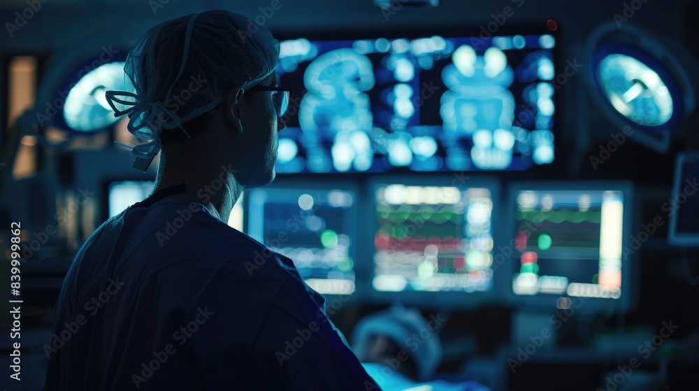 A surgeon in an operating room, wearing a surgical cap, monitors patient vital signs on a computer screen at night A surgeon in an operating room, wearing a surgical cap, monitors patient vital signs on a computer screen at night