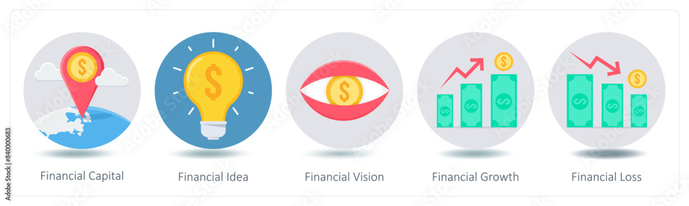 A set of 5 Shopping icons as financial capital, financial idea, financial vision A set of 5 Shopping icons as financial capital, financial idea, financial vision