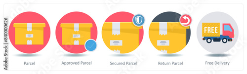 A set of 5 Shopping icons as parcel, approved parcel, secured parcel