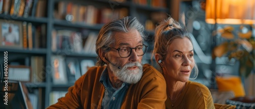 Senior couple sitting together in a bookstore.