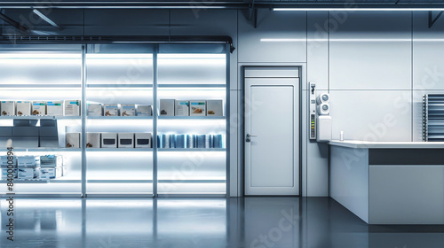 A large  brightly lit refrigerated room with shelves stocked with frozen food items. A closed white door on the right side leads to a separate area
