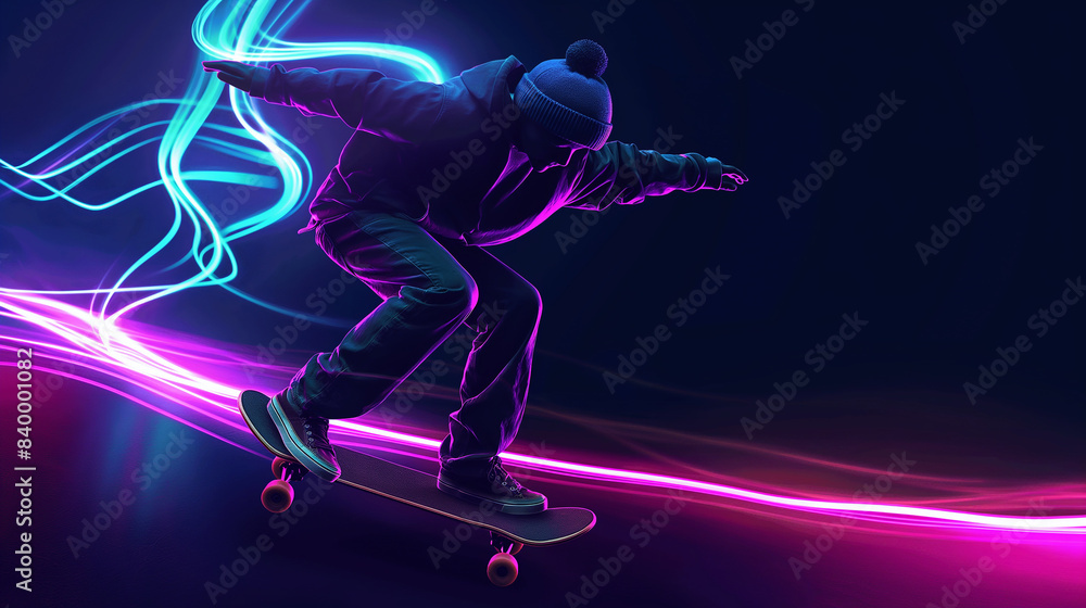 Skater boy Glowing purple lines on dark background Skater boy Glowing purple lines on dark background