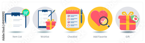 A set of 5 Shopping icons as item list, wishlist, checklist
