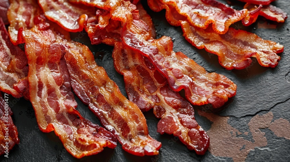Mouthwatering top view of crispy bacon slices, captured in studio lighting, isolated background for food advertisement Mouthwatering top view of crispy bacon slices, captured in studio lighting, isolated background for food advertisement