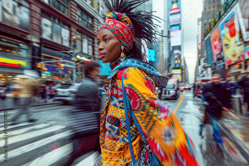 Model in a colorful, trendy outfit moves energetically on a crowded city street