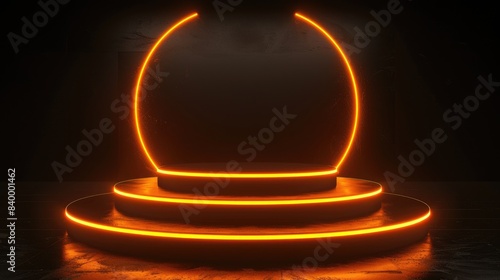 Cyber stage podium with neon orange glowing accents, creating a futuristic vibe for product showcases. Vector illustration on black background