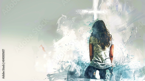 A woman kneels in prayer before a cross, with an ethereal background