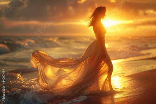 A woman in a flowing dress on a beach at sunset