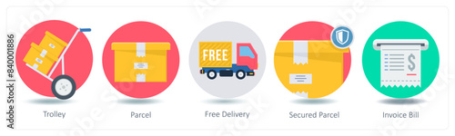 A set of 5 Shopping icons as trolley, parcel, free delivery