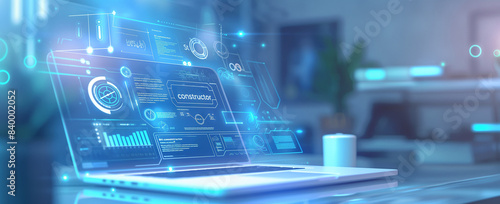 Wallpaper Mural 3D rendering of an open laptop with data and graphs on the screen, floating over a dark glass table in front of a blurred background of digital elements and holograms
 Torontodigital.ca