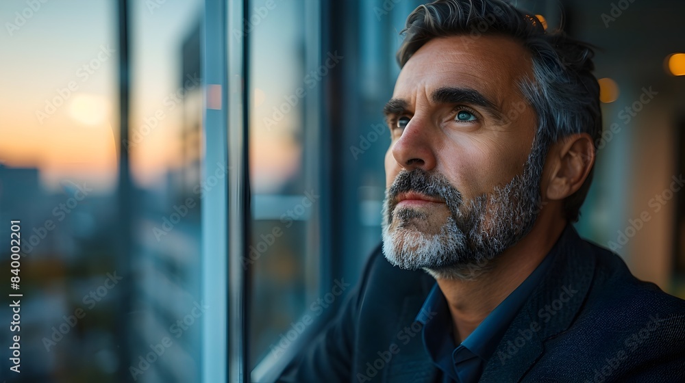 Confident Businessman Contemplating the Future from High Rise Office Window Confident Businessman Contemplating the Future from High Rise Office Window