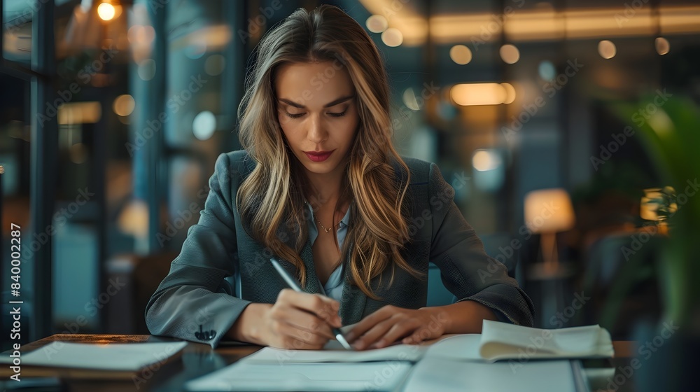 Confident Woman Signing Contract in Sleek Office Business Success Concept