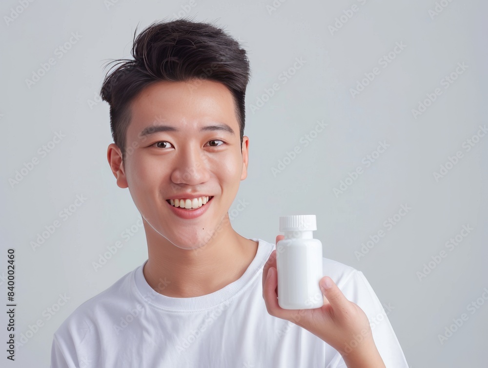 half side view, dynamic funny poses, handsome china young man in babyblue school shirt, young and hopeful, holding a white pill bottle in his hand, attractive appearance, looking at the camera isolate half side view, dynamic funny poses, handsome china young man in babyblue school shirt, young and hopeful, holding a white pill bottle in his hand, attractive appearance, looking at the camera isolate