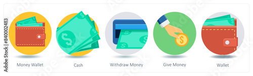 A set of 5 Shopping icons as money wallet, cash, withdraw money