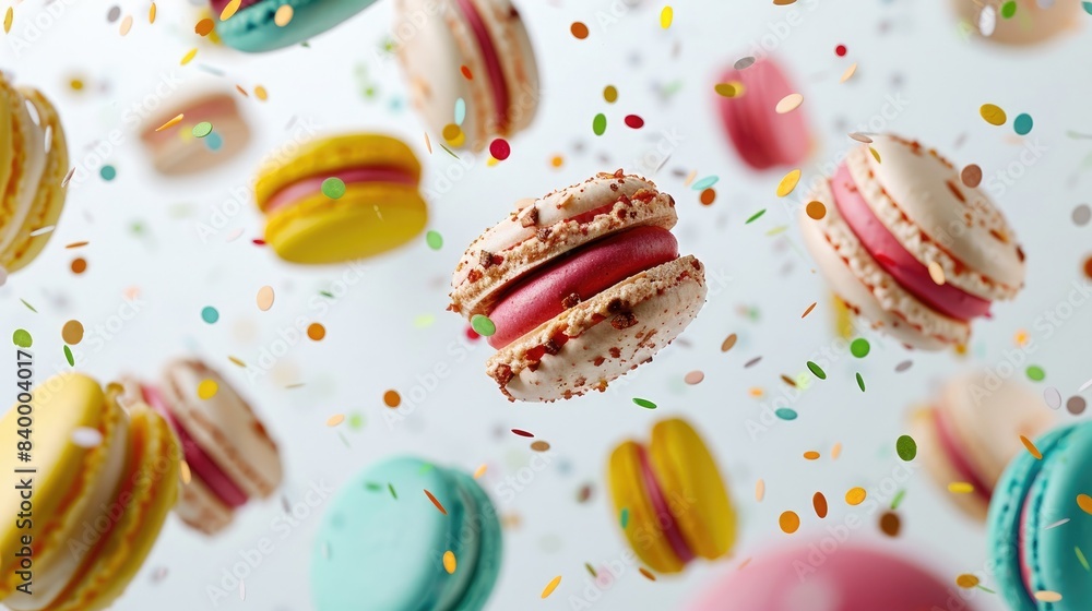 Colorful macarons flying through the air with confetti on a purple background. High quality photo