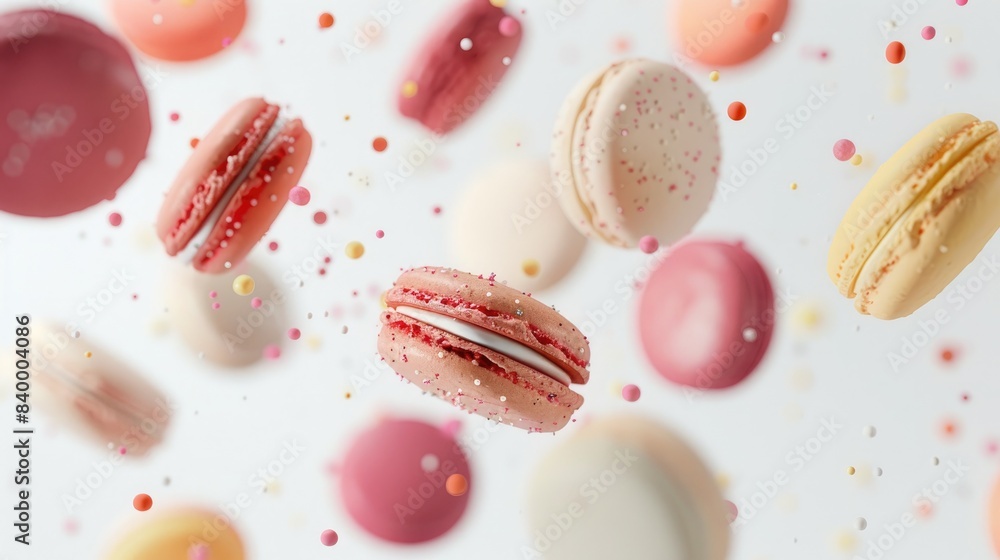 Colorful macarons flying through the air with confetti on a purple background. High quality photo Colorful macarons flying through the air with confetti on a purple background. High quality photo
