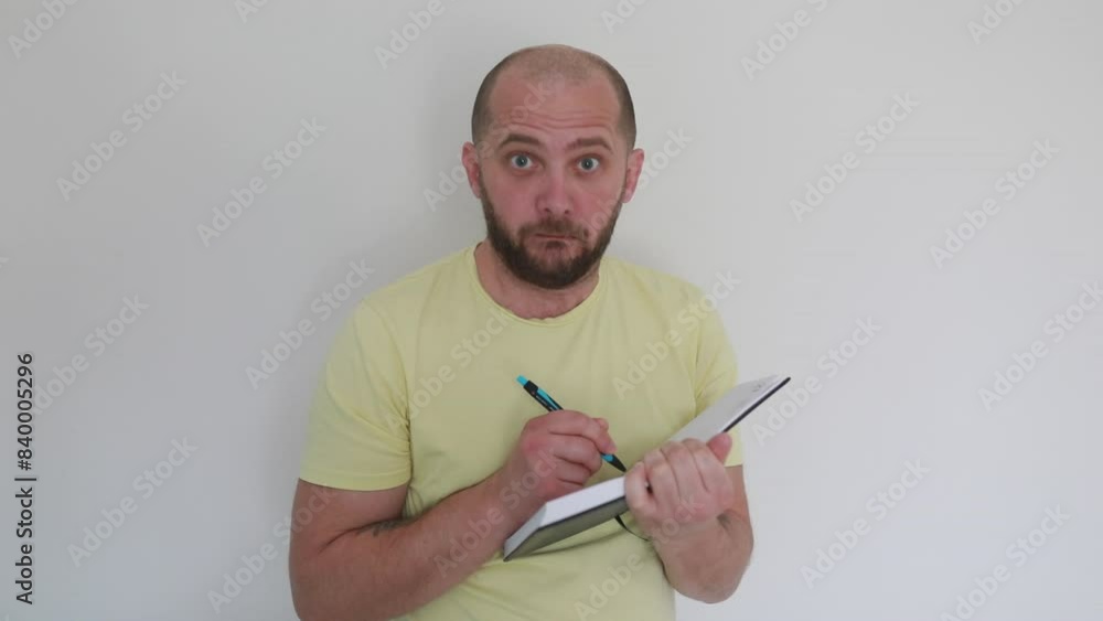 Man in Yellow T-Shirt Looking Surprised While Taking Notes Against White Background Man in Yellow T-Shirt Looking Surprised While Taking Notes Against White Background