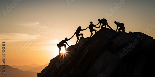 silhouette Team of mountain climbers helping each other reach the top of the mountain Business, teamwork, a goal, collaborate, success and help.
