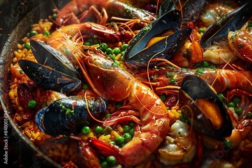 Spanish seafood shrimp paella, cinematic food photography, studio lighting and studio background 