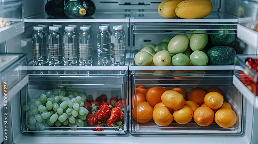 A refrigerator is full of fruits and vegetables A refrigerator is full of fruits and vegetables