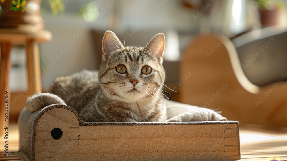 Cozy Villa-Style Cat Nest with Simple Atmosphere, Flat Roof Made of Cardboard - Stock Photo Cozy Villa-Style Cat Nest with Simple Atmosphere, Flat Roof Made of Cardboard - Stock Photo