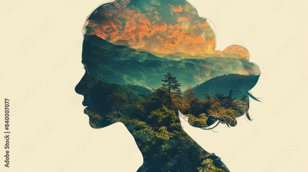 Woman's silhouette in profile, intertwined with a vibrant nature landscape featuring mountains and greenery. Woman's silhouette in profile, intertwined with a vibrant nature landscape featuring mountains and greenery.