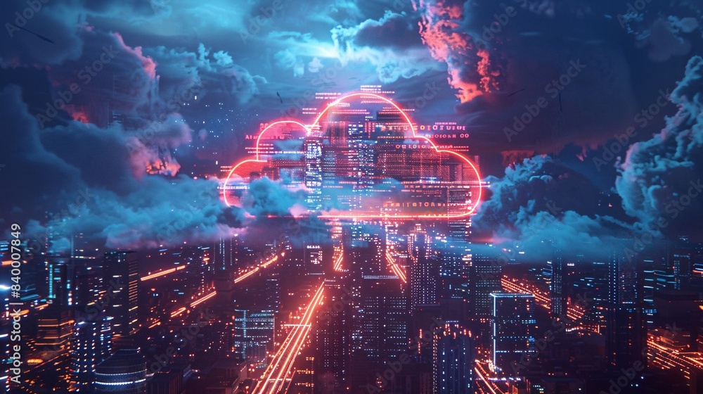 Obraz premium A red digital cloud hovers above a futuristic cityscape, representing advanced technology and cloud computing innovations.