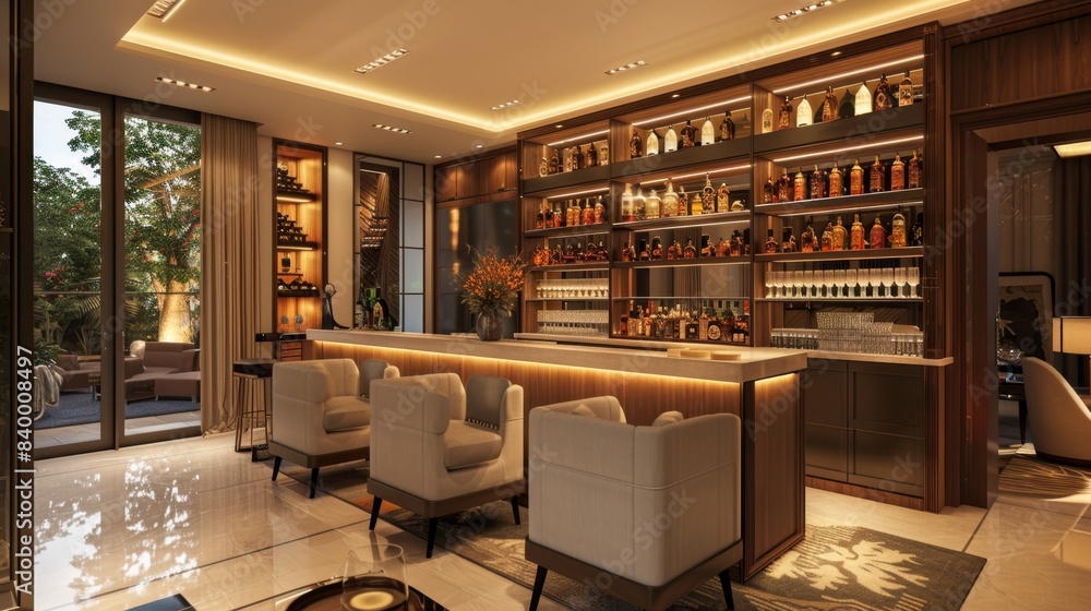Sophisticated Home Bar Oasis with Premium Spirits and Chic Seating Arrangement Sophisticated Home Bar Oasis with Premium Spirits and Chic Seating Arrangement