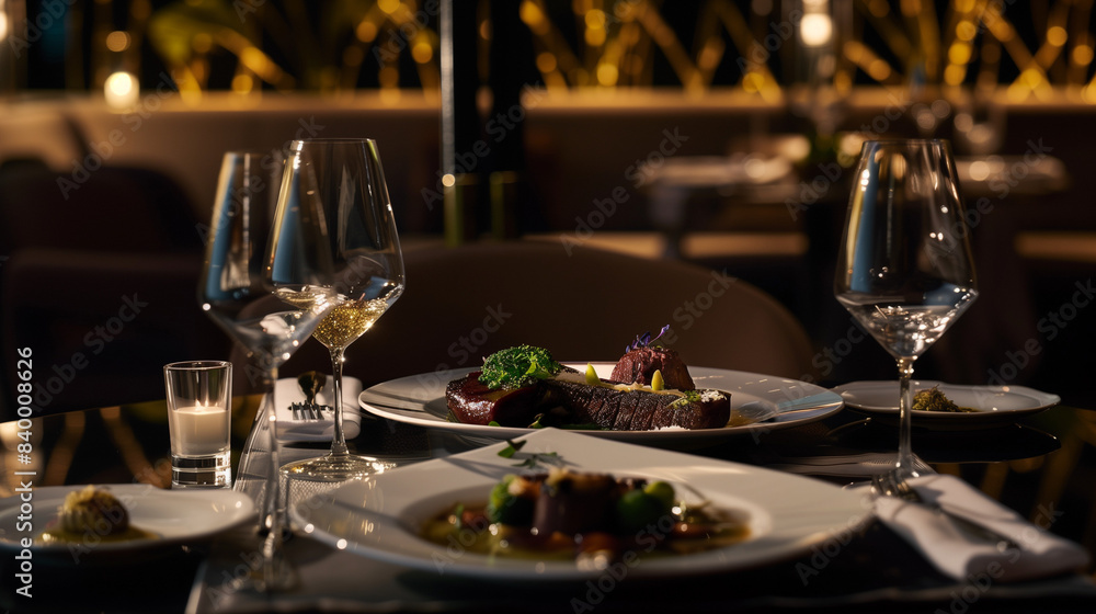 The ambiance of a luxurious restaurant is captured through its meticulously arranged tables and tantalizing dishes.
The ambiance of a luxurious restaurant is captured through its meticulously arranged tables and tantalizing dishes.