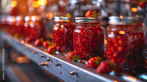 Industrial production line with glass jars of strawberry jam, close-up view, raw and detailed