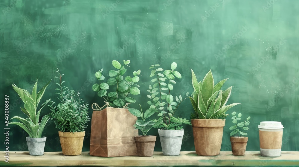 Row of various potted plants on a wooden shelf with a green chalkboard background. Natural and rustic gardening concept. Row of various potted plants on a wooden shelf with a green chalkboard background. Natural and rustic gardening concept.