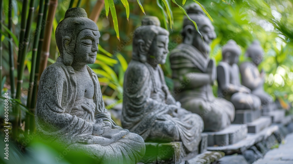 a tranquil scene depicting a series of intricate stone carvings of a hermit in various dynamic postures, a tranquil scene depicting a series of intricate stone carvings of a hermit in various dynamic postures,