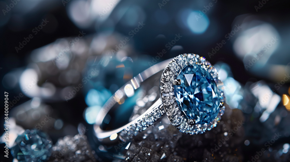 A close-up of an opulent blue diamond ring in platinum, with pave diamonds, showcasing exceptional craftsmanship and beauty.
A close-up of an opulent blue diamond ring in platinum, with pave diamonds, showcasing exceptional craftsmanship and beauty.