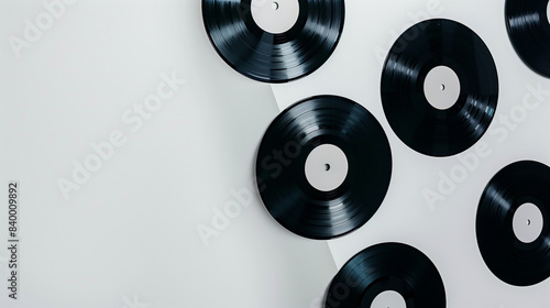 Minimalist display of vintage vinyl records on clean white backdrop, emphasizing their timeless allure.


