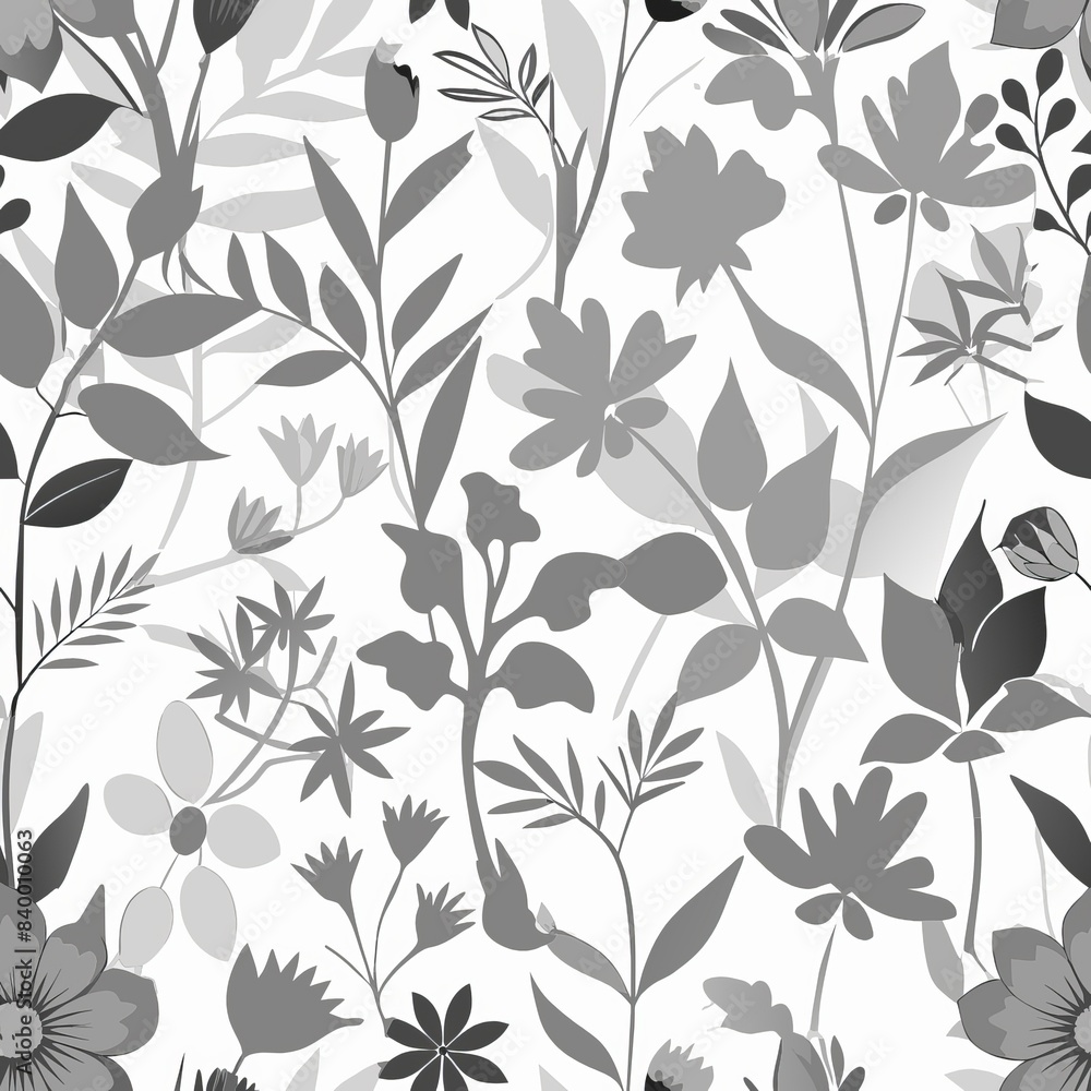 Seamless pattern of botanical silhouettes in shades of grey on a white background, Generative AI Seamless pattern of botanical silhouettes in shades of grey on a white background, Generative AI