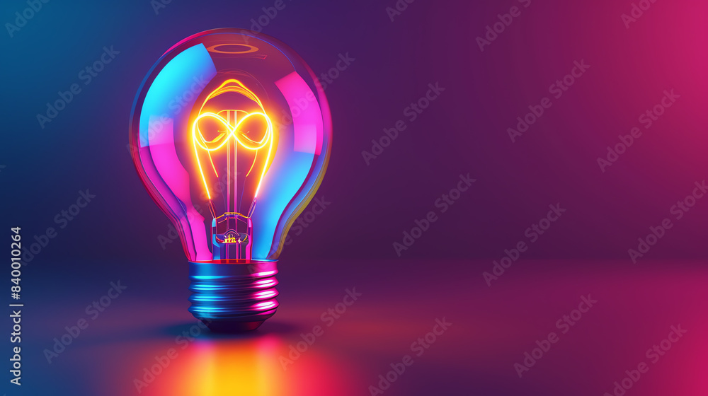 Glowing lightbulb with vivid neon colors on a gradient background, symbolizing creativity, innovation, and modern energy solutions.