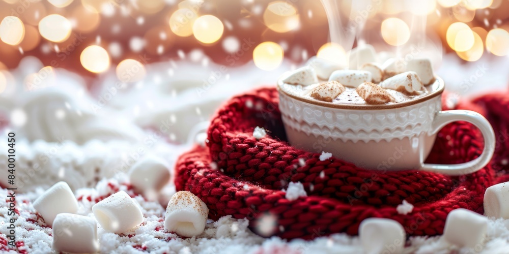 Naklejka premium Warm and Cozy Hot Chocolate Cup with Marshmallows on Red Scarf - HD Wallpaper and Background，Steaming cup of hot chocolate with marshmallows on red woolen scarf on snowy white blurred glowing backgrou
