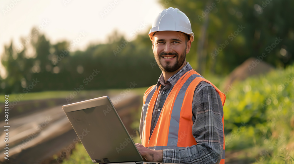 Smiling construction worker in safety vest and hard hat using laptop outdoors at construction site with green background. Smiling construction worker in safety vest and hard hat using laptop outdoors at construction site with green background.