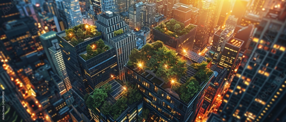 Aerial view of a city with illuminated buildings and lush green rooftop gardens at sunset, showcasing urban sustainability and modern architecture. Aerial view of a city with illuminated buildings and lush green rooftop gardens at sunset, showcasing urban sustainability and modern architecture.