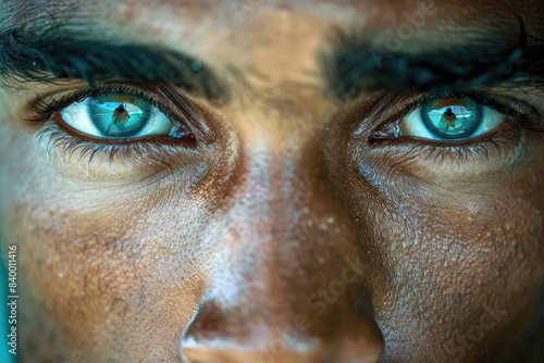 A close-up portrait of a person with piercing eyes that convey a depth of emotion