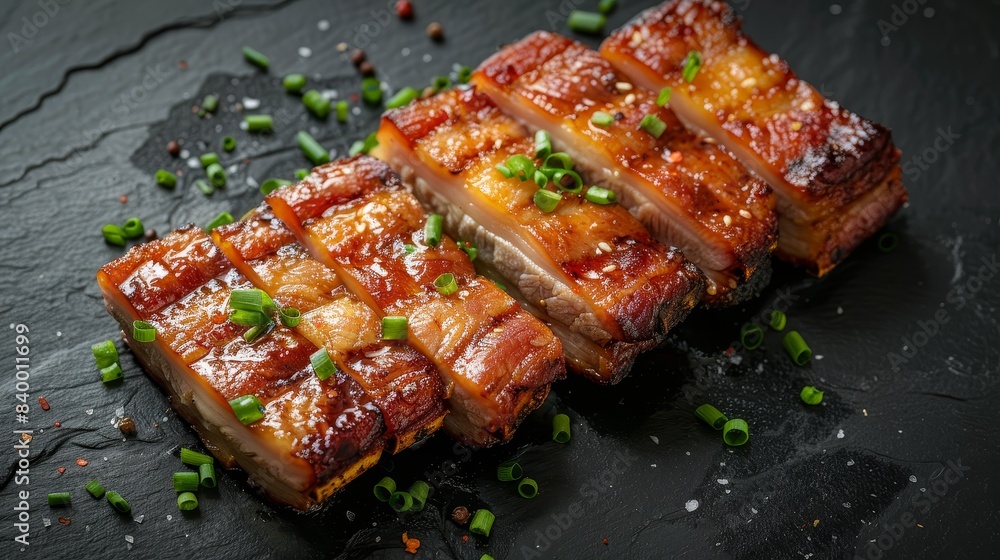 High-detail top view of crispy pork belly slices, golden and mouthwatering, isolated background with perfect studio lighting High-detail top view of crispy pork belly slices, golden and mouthwatering, isolated background with perfect studio lighting