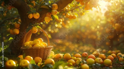 orchard with yellow apples, a basket with large apples stands under a tree, sunlight passes through the leaves, a pastoral scene of peace and tranquility