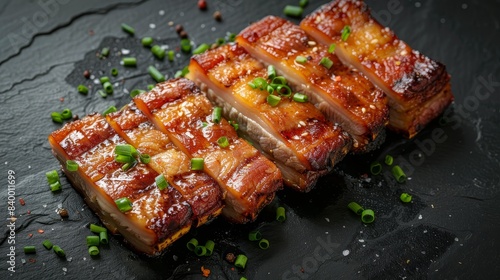 High-detail top view of crispy pork belly slices, golden and mouthwatering, isolated background with perfect studio lighting