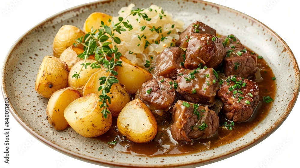 High-detail top-down shot of potatoes, sauerkraut, and gravy on a plate, isolated background, perfect for advertising High-detail top-down shot of potatoes, sauerkraut, and gravy on a plate, isolated background, perfect for advertising