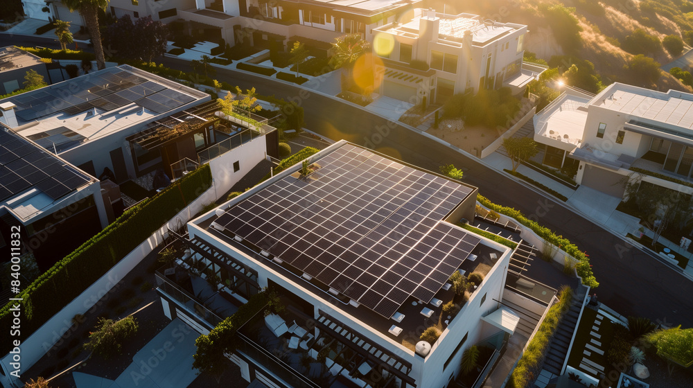 Fototapeta premium Sunlit solar panels seamlessly integrate into luxury waterfront villas, symbolizing both sustainability and sophisticated living.