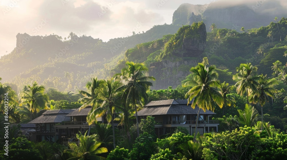 Serene Haven: Stunning Panoramic View of a Luxurious Resort Surrounded by Lush Tropical Paradise Serene Haven: Stunning Panoramic View of a Luxurious Resort Surrounded by Lush Tropical Paradise