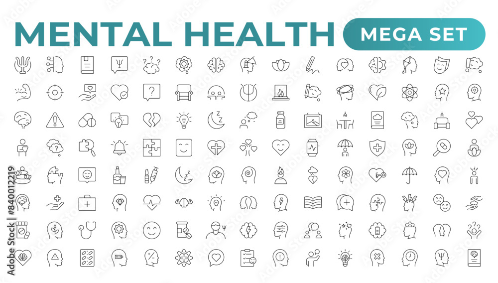 Mental health outline icon set. Containing depression, bipolar, PTSD, panic and mind disorder icons. Psychology solid symbol illustration. Mental health outline icon set. Containing depression, bipolar, PTSD, panic and mind disorder icons. Psychology solid symbol illustration.