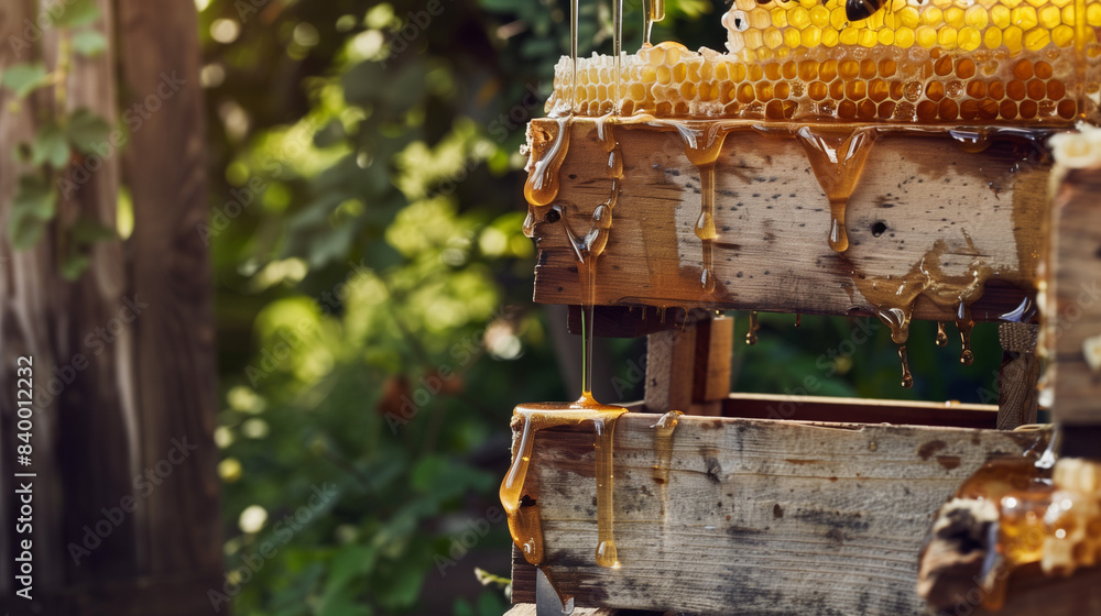 Golden honey flows luxuriously from the honeycomb, contrasted against the backdrop of blooming lavender fields.
Golden honey flows luxuriously from the honeycomb, contrasted against the backdrop of blooming lavender fields.