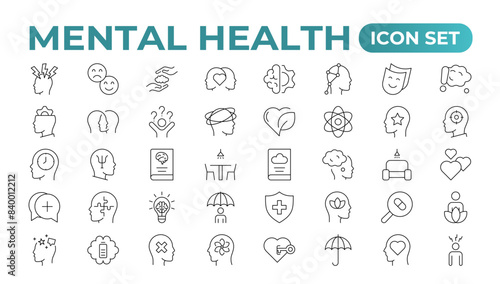 Mental health outline icon set. Containing depression, bipolar, PTSD, panic and mind disorder icons. Psychology solid symbol illustration.